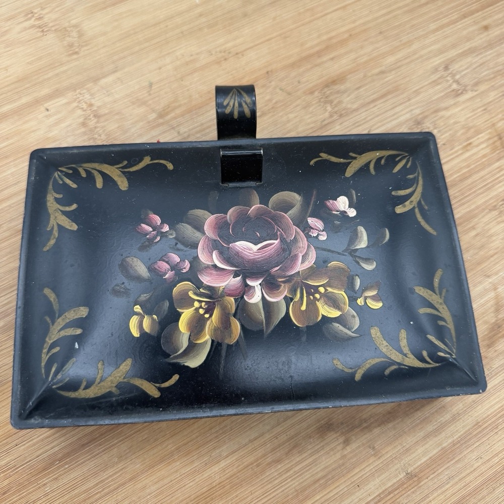 Vintage Tole Painted Green Crumb Box Silent Butler Hinged Metal Flowers Decoware